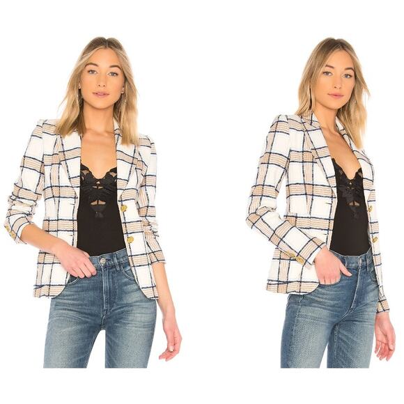 Smythe Portrait Neck Chesterfield Plaid Blazer Sz 8 Check White Brown Blue $695 - Picture 2 of 11